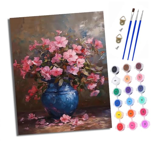 XXHXIE Malen Nach Zahlen Erwachsene-DIY Handgemalt Ölgemälde KitVase mit rosa Blumen für Anfänger Mit 3-Pinseln und Acrylfarbe Handgemalt öLgemäLde Kit Als Geschenk 40x50cm (Rahmenlos) von XXHXIE