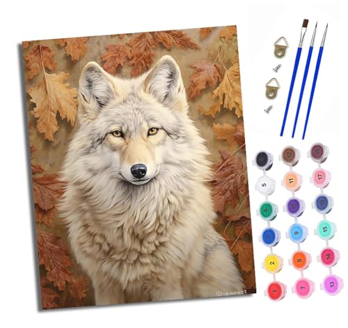 XXHXIE Malen Nach Zahlen Erwachsene-DIY Handgemalt Ölgemälde KitWeißer Wolf im Herbstlaub für Anfänger Mit 3-Pinseln und Acrylfarbe Handgemalt öLgemäLde Kit Als Geschenk 40x50cm (Rahmenlos) von XXHXIE