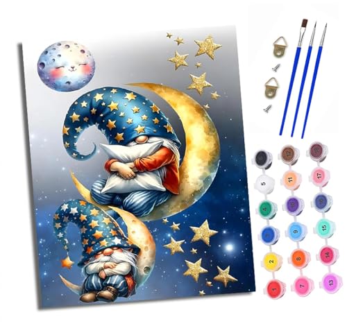 XXHXIE Malen Nach Zahlen Erwachsene-DIY Handgemalt Ölgemälde KitZwerg auf der Mondsichel für Anfänger Mit 3-Pinseln und Acrylfarbe Handgemalt öLgemäLde Kit Als Geschenk 40x50cm (Rahmenlos) von XXHXIE
