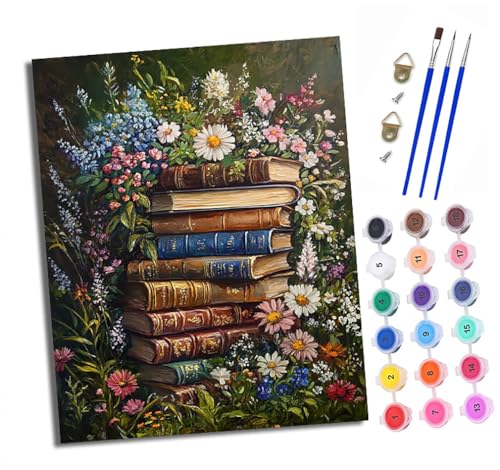 XXHXIE Malen nach Zahlen DIY Handgemalt Ölgemälde Set für Anfänger und Jugendliche Alte Bücher zwischen Blumen Pinsel und Acrylfarbe 40x50 cm Mit Rahmen ideal als Geschenk oder zur Heimdekoration von XXHXIE