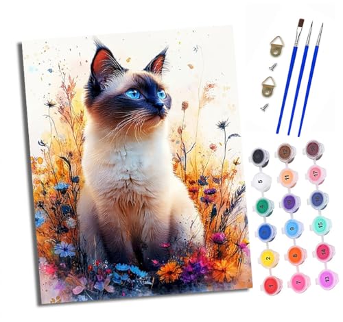 XXHXIE Malen nach Zahlen DIY Handgemalt Ölgemälde Set für Anfänger und Jugendliche Blauäugige Katze in Blumen Pinsel und Acrylfarbe 40x50 cm Mit Rahmen ideal als Geschenk oder zur Heimdekoration von XXHXIE