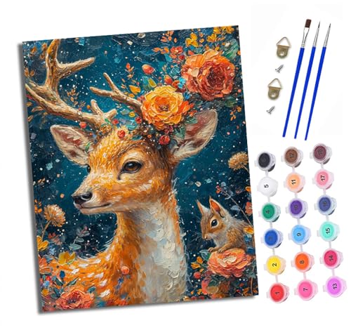 XXHXIE Malen nach Zahlen DIY Handgemalt Ölgemälde Set für Anfänger und Jugendliche Blumen, Eichhörnchen, Hirsch Pinsel und Acrylfarbe 40x50 cm ideal als Geschenk oder zur Heimdekoration von XXHXIE