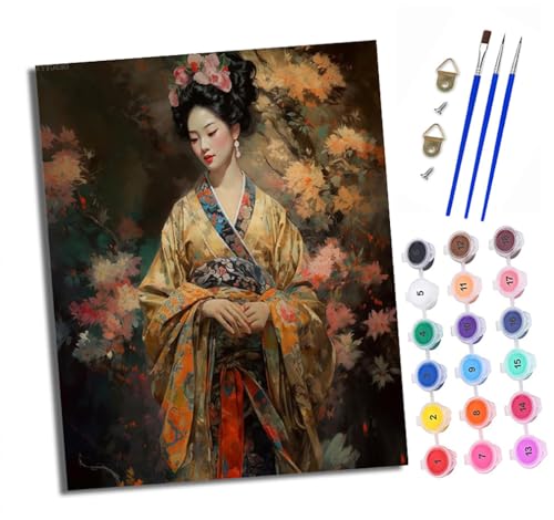 XXHXIE Malen nach Zahlen DIY Handgemalt Ölgemälde Set für Anfänger und Jugendliche Blumen Japanisches Mädchen Pinsel und Acrylfarbe 40x50 cm ideal als Geschenk oder zur Heimdekoration von XXHXIE
