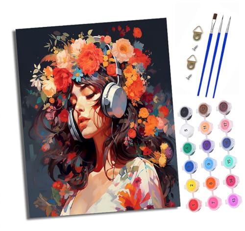 XXHXIE Malen nach Zahlen DIY Handgemalt Ölgemälde Set für Anfänger und Jugendliche Blumen hörendes Mädchen Pinsel und Acrylfarbe 40x50 cm ideal als Geschenk oder zur Heimdekoration von XXHXIE