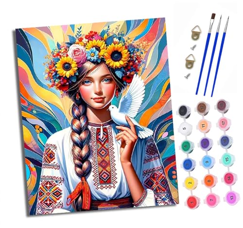 XXHXIE Malen nach Zahlen DIY Handgemalt Ölgemälde Set für Anfänger und Jugendliche Blumen tragen und weiße Tauben umarmen Pinsel und Acrylfarbe Mit Rahmen ideal als Geschenk oder zur Heimdekoration von XXHXIE