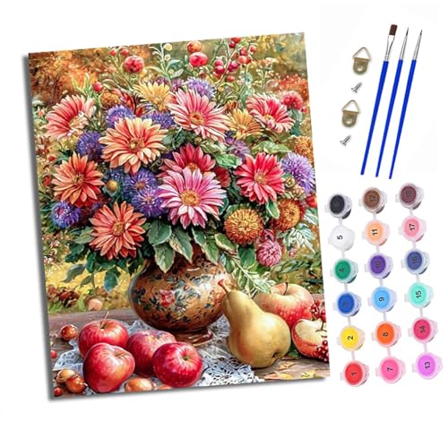XXHXIE Malen nach Zahlen DIY Handgemalt Ölgemälde Set für Anfänger und Jugendliche Blumen und Früchte Pinsel und Acrylfarbe 40x50 cm Mit Rahmen ideal als Geschenk oder zur Heimdekoration von XXHXIE