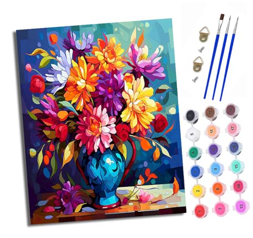 XXHXIE Malen nach Zahlen DIY Handgemalt Ölgemälde Set für Anfänger und Jugendliche Bunte Blumen in der Vase Pinsel und Acrylfarbe 40x50 cm ideal als Geschenk oder zur Heimdekoration von XXHXIE