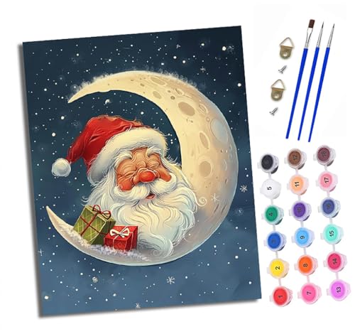 XXHXIE Malen nach Zahlen DIY Handgemalt Ölgemälde Set für Anfänger und Jugendliche Der Weihnachtsmann auf der Mondsichel Pinsel und Acrylfarbe 40x50 cm ideal als Geschenk oder zur Heimdekoration von XXHXIE
