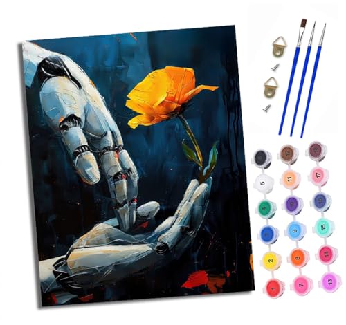 XXHXIE Malen nach Zahlen DIY Handgemalt Ölgemälde Set für Anfänger und Jugendliche Ein Roboter, der Blumen züchtet Pinsel und Acrylfarbe 40x50 cm ideal als Geschenk oder zur Heimdekoration von XXHXIE
