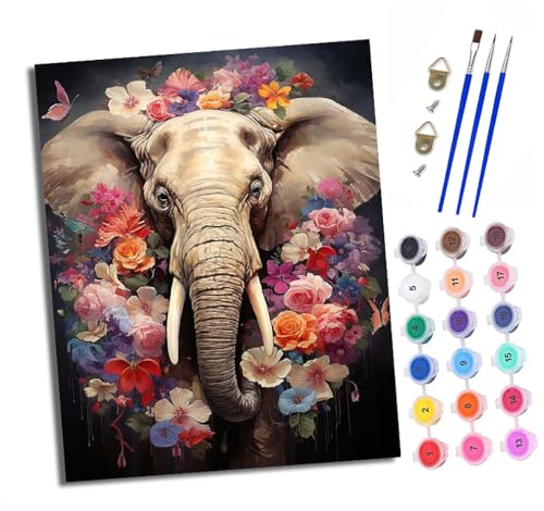XXHXIE Malen nach Zahlen DIY Handgemalt Ölgemälde Set für Anfänger und Jugendliche Elefant umgeben von Blumen Pinsel und Acrylfarbe 40x50 cm ideal als Geschenk oder zur Heimdekoration von XXHXIE