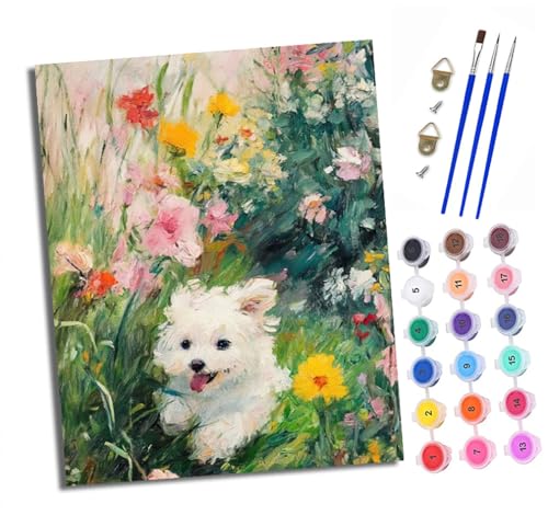 XXHXIE Malen nach Zahlen DIY Handgemalt Ölgemälde Set für Anfänger und Jugendliche Garten-Lauf-Bichon Pinsel und Acrylfarbe 40x50 cm ideal als Geschenk oder zur Heimdekoration von XXHXIE
