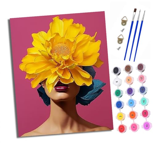 XXHXIE Malen nach Zahlen DIY Handgemalt Ölgemälde Set für Anfänger und Jugendliche Gelbe Blumen bedecken das Gesicht Pinsel und Acrylfarbe 40x50 cm ideal als Geschenk oder zur Heimdekoration von XXHXIE