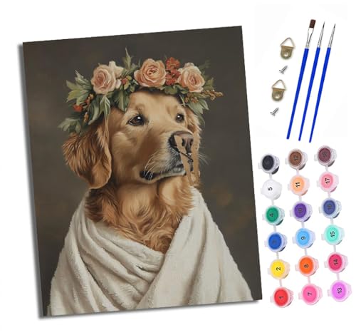 XXHXIE Malen nach Zahlen DIY Handgemalt Ölgemälde Set für Anfänger und Jugendliche Golden Retriever mit Kranz Pinsel und Acrylfarbe 40x50 cm ideal als Geschenk oder zur Heimdekoration von XXHXIE
