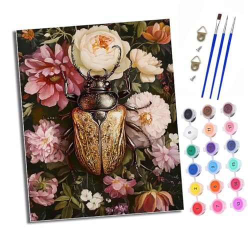 XXHXIE Malen nach Zahlen DIY Handgemalt Ölgemälde Set für Anfänger und Jugendliche Käfer in Blumen Pinsel und Acrylfarbe 40x50 cm ideal als Geschenk oder zur Heimdekoration von XXHXIE