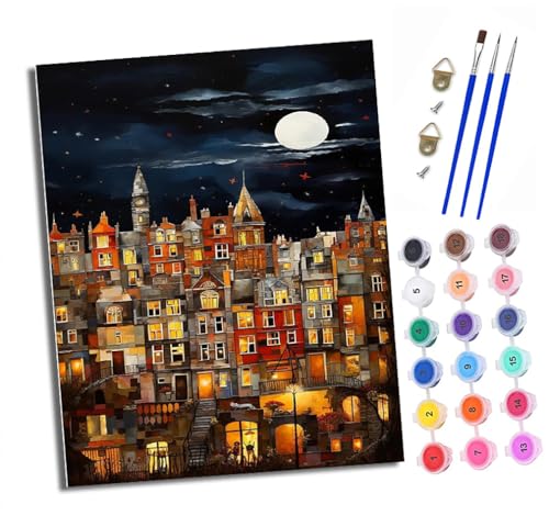 XXHXIE Malen nach Zahlen DIY Handgemalt Ölgemälde Set für Anfänger und Jugendliche Kleine Stadt im Mondlicht Pinsel und Acrylfarbe 40x50 cm ideal als Geschenk oder zur Heimdekoration XXHXIE Malen nach Zahlen DIY Handgemalt Ölgemälde Set für Anfänger und Jugendliche Kleine Stadt im Mondlicht Pinsel und Acrylfarbe 40x50 cm ideal als Geschenk oder zur Heimdekoration von XXHXIE