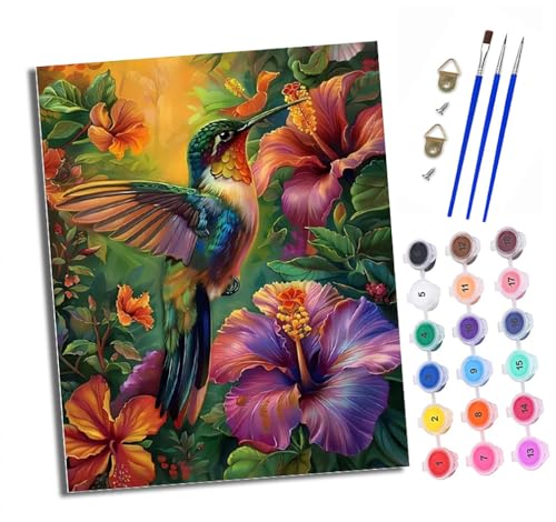 XXHXIE Malen nach Zahlen DIY Handgemalt Ölgemälde Set für Anfänger und Jugendliche Kolibri in den Blumen Pinsel und Acrylfarbe 40x50 cm ideal als Geschenk oder zur Heimdekoration von XXHXIE