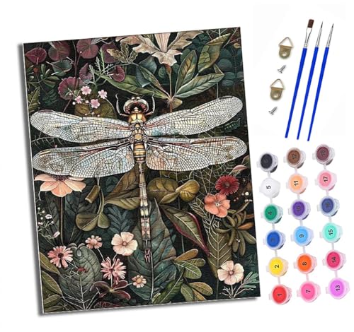 XXHXIE Malen nach Zahlen DIY Handgemalt Ölgemälde Set für Anfänger und Jugendliche Libelle zwischen Pflanzen Pinsel und Acrylfarbe 40x50 cm ideal als Geschenk oder zur Heimdekoration von XXHXIE