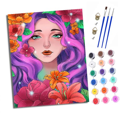 XXHXIE Malen nach Zahlen DIY Handgemalt Ölgemälde Set für Anfänger und Jugendliche Schönes Mädchen mit Blumen Pinsel und Acrylfarbe 40x50 cm ideal als Geschenk oder zur Heimdekoration von XXHXIE