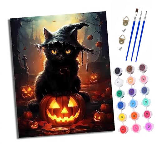 XXHXIE Malen nach Zahlen DIY Handgemalt Ölgemälde Set für Anfänger und Jugendliche Schwarze Katze auf einem Kürbis Pinsel und Acrylfarbe 40x50 cm ideal als Geschenk oder zur Heimdekoration XXHXIE Malen nach Zahlen DIY Handgemalt Ölgemälde Set für Anfänger und Jugendliche Schwarze Katze auf einem Kürbis Pinsel und Acrylfarbe 40x50 cm ideal als Geschenk oder zur Heimdekoration von XXHXIE