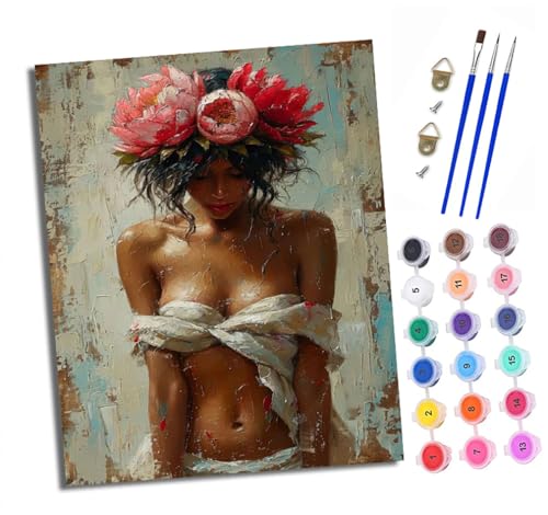 XXHXIE Malen nach Zahlen DIY Handgemalt Ölgemälde Set für Anfänger und Jugendliche Sexy Mädchen mit Blumen Pinsel und Acrylfarbe 40x50 cm ideal als Geschenk oder zur Heimdekoration von XXHXIE