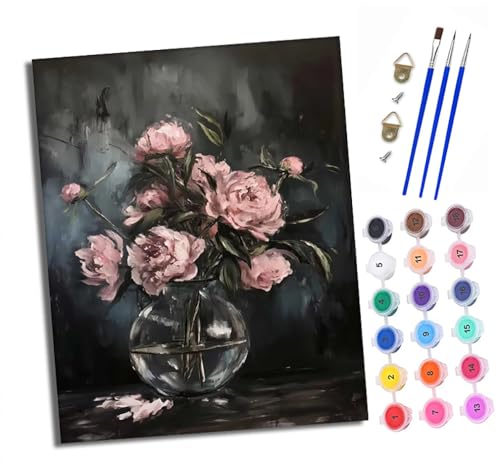 XXHXIE Malen nach Zahlen DIY Handgemalt Ölgemälde Set für Anfänger und Jugendliche Vase mit rosa Blumen Pinsel und Acrylfarbe 40x50 cm ideal als Geschenk oder zur Heimdekoration von XXHXIE