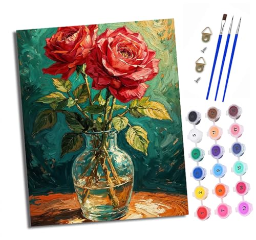 XXHXIE Malen nach Zahlen DIY Handgemalt Ölgemälde Set für Anfänger und Jugendliche Vase mit roten Rosen Pinsel und Acrylfarbe 40x50 cm ideal als Geschenk oder zur Heimdekoration von XXHXIE