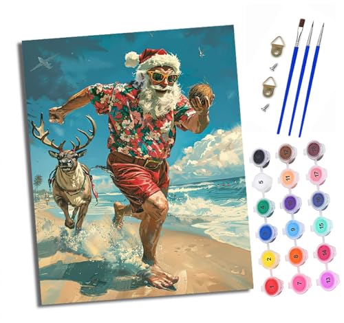 XXHXIE Malen nach Zahlen DIY Handgemalt Ölgemälde Set für Anfänger und Jugendliche Weihnachtsmann am Strand Pinsel und Acrylfarbe 40x50 cm ideal als Geschenk oder zur Heimdekoration von XXHXIE