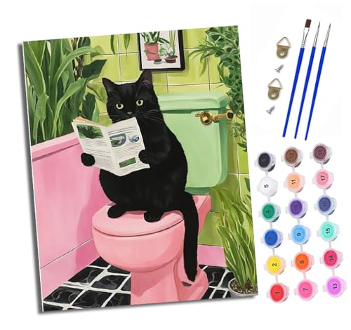 XXHXIE Malen nach Zahlen Erwachsene Schwarze Katze liest eine Zeitung auf der Toilette DIY Handgemalt Ölgemälde Kit Paint by Numbers Adult Mit 3 - Pinseln und Acrylfarbe Knitterfreie Leinwand set von XXHXIE