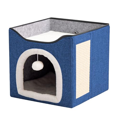 Große Katzenhöhle mit 2 Liegen für Haustierhaus mit flauschigem Ball zum Aufhängen und Kratzpolster, Katzenhausbett für den Innenbereich, faltbare Kätzchen-Höhle für alle Jahreszeiten (39 x 39 x 38 cm von XXIUDEE