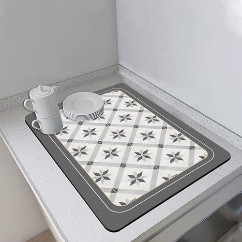 Waschbare, selbsttrocknende Matten für Geschirrregal, Theke, Bar, sehr saugfähig, Küchenabtropfpads, Kaffeemaschinen, Arbeitsplatte, Platzset mit rutschfester Gummiunterseite (60 x 40 cm, Stil 3) von XXIUDEE