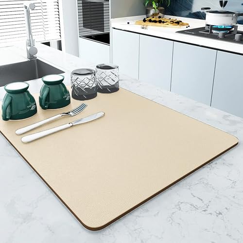 Waschbare Abtropfmatten, sehr saugfähige Abtropfmatte, selbsttrocknende Pads mit rutschfester Gummi-Unterseite für Küche, Arbeitsplatte, Bar, Kaffee-Regal, Spüle (40 x 30 cm, Beige) von XXIUDEE