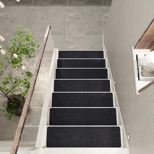 XXIUDEE Teppich-Stufenmatte, rutschfeste Stufenmatten, selbstklebend, Treppenläufer, Teppich-Schutzmatte, perfekt für Kinder, Haustiere, ältere Menschen (80 x 20 cm, 15 Stück, dunkelgrau) von XXIUDEE