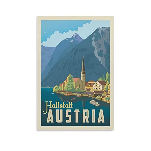 XXJDSK Poster Kunstdrucke Austria Hallstatt Vintage-Reiseposter für Schlafzimmer, ästhetisch, dekoratives Gemälde 60X90cm Kein Rahmen von XXJDSK