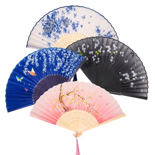 XXJXING 4 Stück Chinesischer Fächer,Klappbarer Handventilator,Geburtstagsfeiern，Hochzeiten，Tanzen，DIY Dekoration，Hausdekoration (4) von XXJXING
