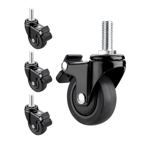 XXOBAZLF Schwarze Lenkrollen, Lenkrollen mit Gewindeschaft, Satz mit 4 Möbel-Gummirollen, Lenkrollen mit Totalverriegelung (Stammdurchmesser 6/8/10 mm), M10-9 Bremsen von XXOBAZLF