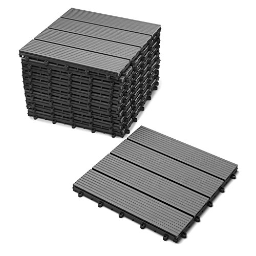 XXS® 11er Sparset für 1 m² WPC Fliese für Balkon Garten Terrasse Kunststoff Gartenfliese mit 4 Latten FSC® 100% zertifiziert Terrassenfliese in anthrazitfarben Balkonfliese Bodenbelag mit Drainage Unterkonstruktion Variationsset (mögliche Varianten: Farbe teakfarben / anthrazit / schoko und Setgröße einzel / 11er Set / 22er Set) montiert von XXS