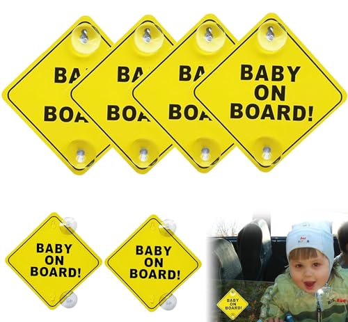 4 Stück Baby On Board Aufkleber Auto Schild,Kommt mit 8 Saugnäpfen,Baby an Bord Auto Warnschilder,12x12cm,Baby an Bord Aufkleber Auto,Wiederverwendbare Sicherheits Auto Warnschilder,Abnehmbar von XXTTXX