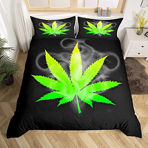 Marihuana-Blatt Weich Atmungsaktiv Mikrofaser Grün Bettwäsche-Sets Schwarzes Thema Bettbezug + 2 Kissenbezug 80x80 cm, mit Reißveschluss von XXXAAW