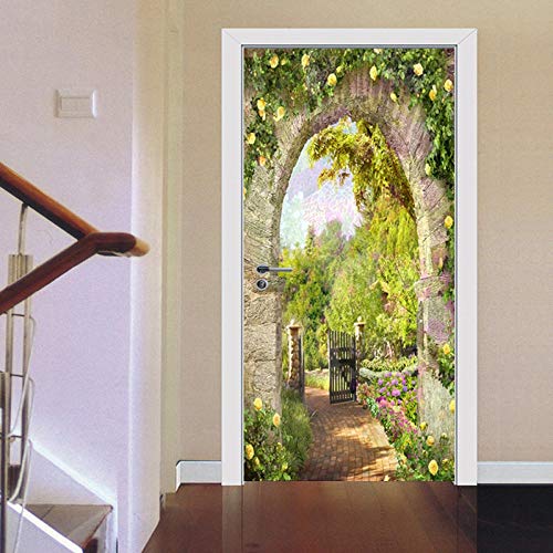 XXXCH 3D Türbild -Steinsäule Blick auf den Garten 77x200cm Türtapete Selbstklebend Wasserdicht PVC TürPoster Fototapete Holzwand Türaufkleber Wandbild Für Tür Wohnzimmer Schlafzimmer Küche Un von XXXCH