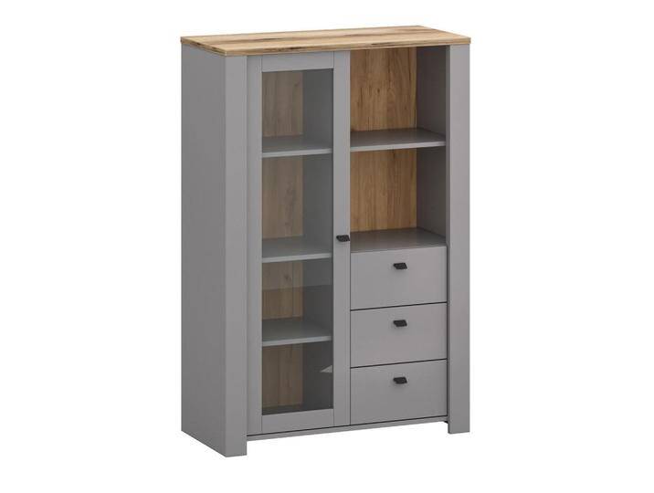 Feldmann-Wohnen VITRINE, Grau, Braun, Holz, 4 Fächer, 3 Schubladen, Rechteckig, 90x135x42 cm, Wohnzimmer, Wohnwände, Vitrinenschränke von XXXLutz Marktplatz