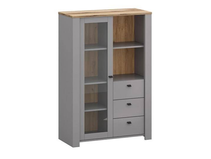 Feldmann-Wohnen VITRINE, Grau, Braun, Holz, 4 Fächer, 3 Schubladen, Rechteckig, 90x135x42 cm, Wohnzimmer, Wohnwände, Vitrinenschränke von XXXLutz Marktplatz