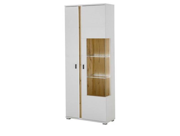 Furn.Design VITRINE, Weiß, Eiche Wotan, Metall, Nachbildung,Eiche, Uni, Holz Optik, 6 Fächer, Rechteckig, 80x200x35 cm, FSC 100%, Wohnzimmer, Wohnwände, Vitrinenschränke von XXXLutz Marktplatz