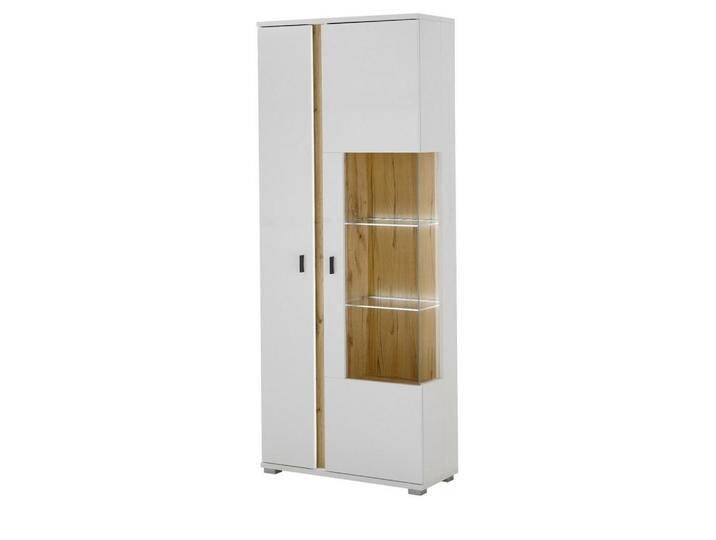 Furn.Design VITRINE, Weiß, Eiche Wotan, Metall, Nachbildung,Eiche, Uni, Holz Optik, 6 Fächer, Rechteckig, 80x200x35 cm, FSC 100%, Wohnzimmer, Wohnwände, Vitrinenschränke von XXXLutz Marktplatz