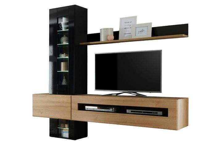 Furn.Design WOHNWAND, Schwarz Hochglanz, Eiche, Nachbildung,Eiche, 4 Fächer, 325x200x48 cm, FSC 100%, Wohnzimmer, Wohnwände, Anbauwände von XXXLutz Marktplatz