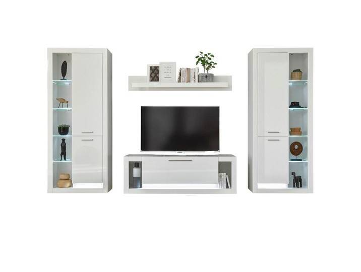 Furn.Design WOHNWAND, Weiß, Weiß Hochglanz, Kunststoff, Nachbildung, Uni, 18 Fächer, 350x198x43 cm, Wohnzimmer, Wohnwände, Anbauwände von XXXLutz Marktplatz