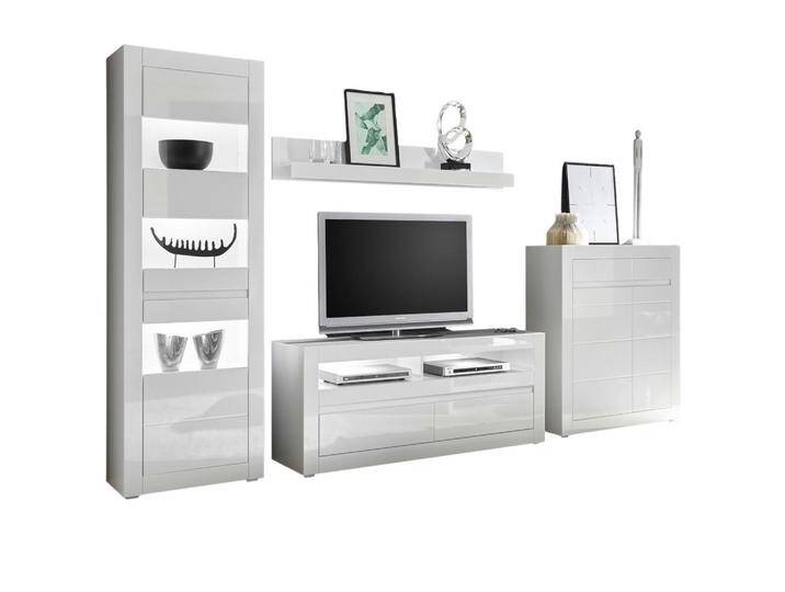 Furn.Design WOHNWAND, Weiß Hochglanz, Weiß, Grau, Nachbildung, Uni, 4 Fächer, 3 Schubladen, 336x198x42 cm, Wohnzimmer, Wohnwände, Anbauwände von XXXLutz Marktplatz