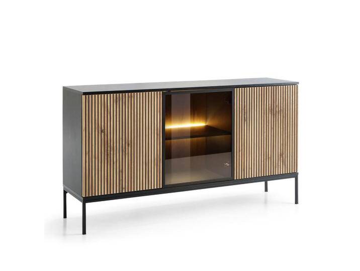 Komodee SIDEBOARD, Schwarz, Eiche Wotan, Glas, 3 Fächer, 154x83x39 cm, Wohnzimmer, Kommoden & Sideboards, Sideboards von XXXLutz Marktplatz