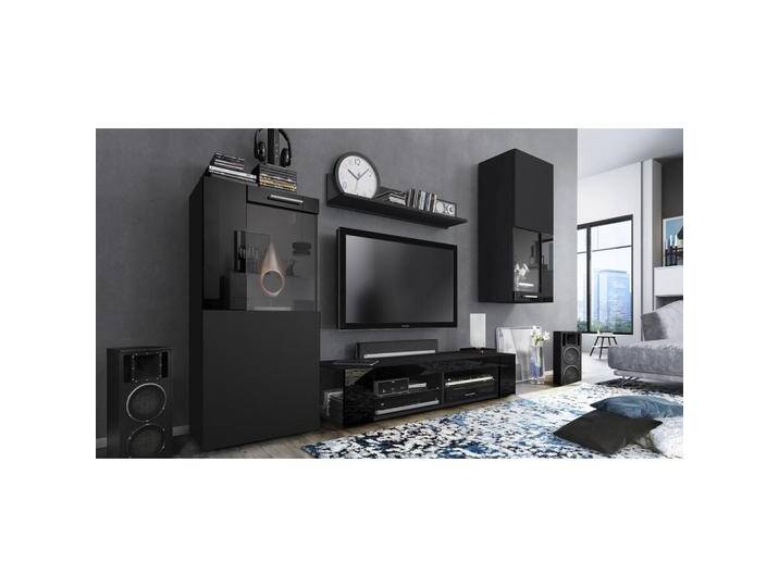 Vladon WOHNWAND, Schwarz Hochglanz, 300x190x39 cm, Wohnzimmer, Wohnwände, Anbauwände von XXXLutz Marktplatz