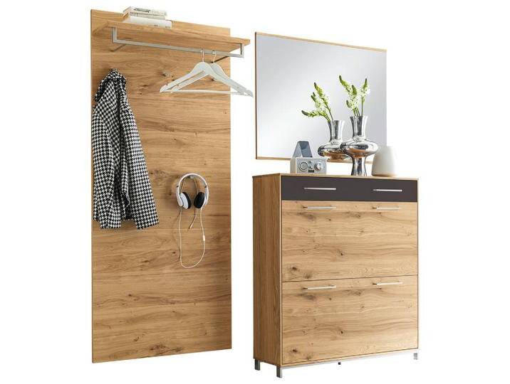XXXL GARDEROBE, Anthrazit, Eiche, Holz, Glas, 3-teilig, Eiche, Balkeneiche, furniert, teilmassiv, 190x195x31 cm, Goldenes M, Made in Germany, von XXXLutz