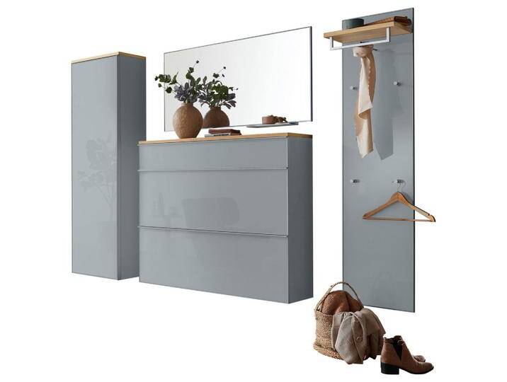 XXXL GARDEROBE, Grau, Holz, Glas, 5-teilig, Balkeneiche, furniert, 255x195x31 cm, DGM-Klimapakt, Goldenes M, Made in Germany, Garderobe, von XXXLutz